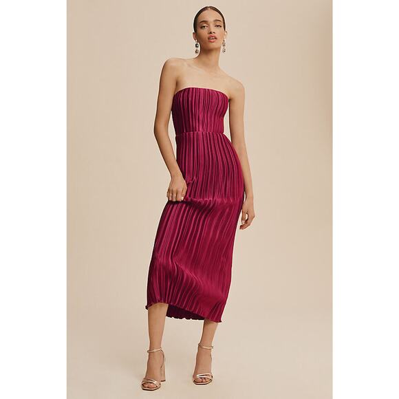 Anthropologie L’IDÉE Red Berry Gatsby Pleated Strapless Formal Midi Dress Sz 14 - Picture 1 of 16